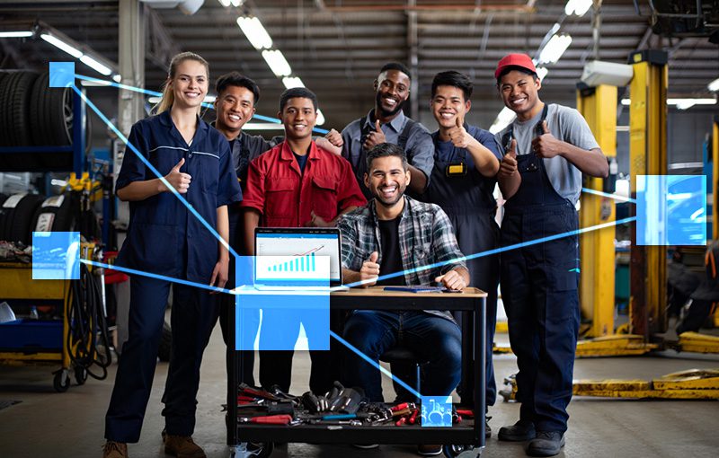 Mechanic shop crew with TVI business management software Mechanic shop crew with TVI business management software for CRM, POS, Accounting, and Parts Inventory.
